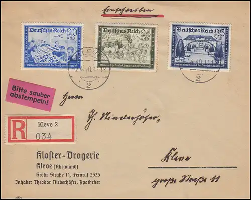 711+712+713 Kameradschaftsblock auf Orts-R-Brief KLEVE 2.4.1914