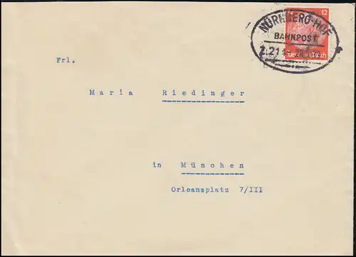 Bahnpost NÜRNBERG-HOF Zug 211 -  21.5.1933 auf Brief nach München