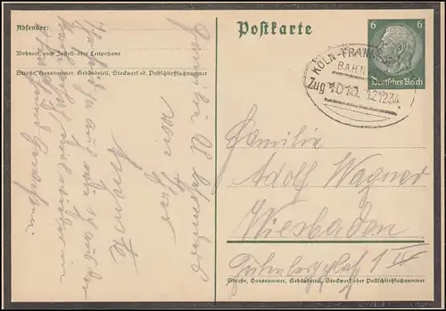 Bahnpost KÖLN - FRANKFURT (MAIN) ZUG 1010 - 12.12.1934 auf Hindenburg-Postkarte