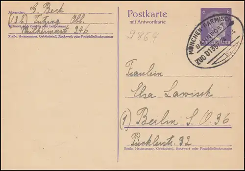 Bahnpost MÜNCHEN - GARMISCH ZUG 01357 - 24.1.1944 auf Postkarte nach Berlin