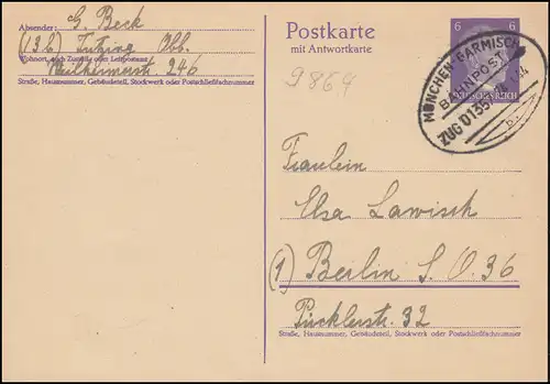 Poste ferroviaire MUNICH - GARMISCH ZUG 01357 - 24.1.1944 sur carte postale à Berlin