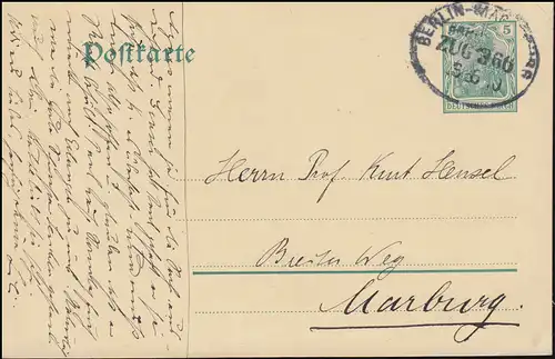 Poste ferroviaire BERLIN - MAGDEBURG ZUG 366 - 3.6.1910 sur carte postale à destination de Marburg