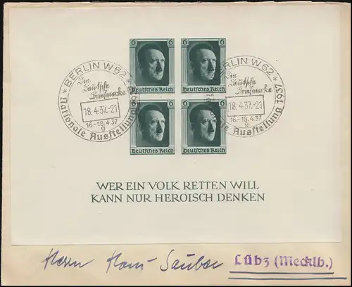 Block 8 Geburtstag 1937 ungezähnt auf Brief SSt BERLIN Briefmarke 18.4.37 