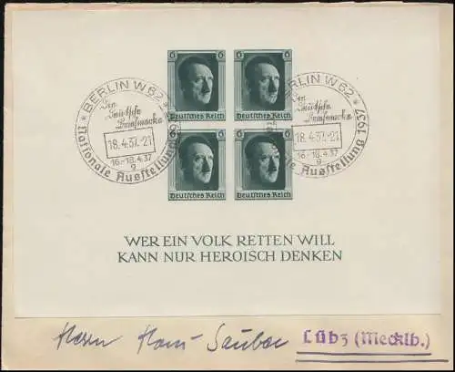 Block 8 Geburtstag 1937 ungezähnt auf Brief SSt BERLIN Briefmarke 18.4.37 
