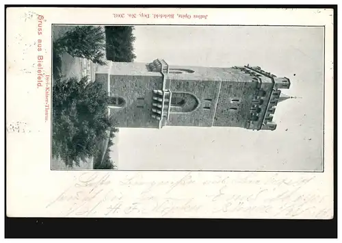 AK Gruss aus Bielefeld: Drei-Kaiser-Turm, 16.3.1902 nach ODENKIRCHEN 13.3.02