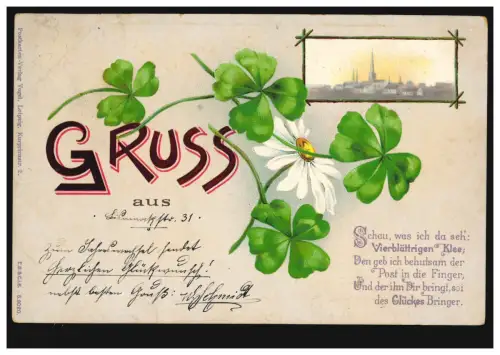 AK Gruss aus ... Vierblättrige Kleeblätter Stadtansicht, LEIPZIG-PLAGNITZ 3.12.