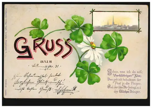 AK Gruss de ... Trèfles à quatre feuilles Vue de la ville, LEIPZIG-PLAGNITZ 3.12.