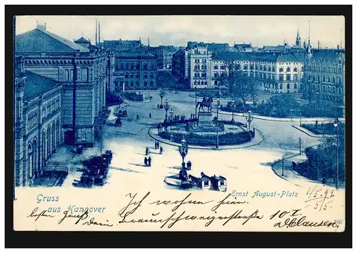 AK Gruss de Hanovre: Ernst-August-Platz, 1.5.1899 selon HAN. Münden 2.5.99