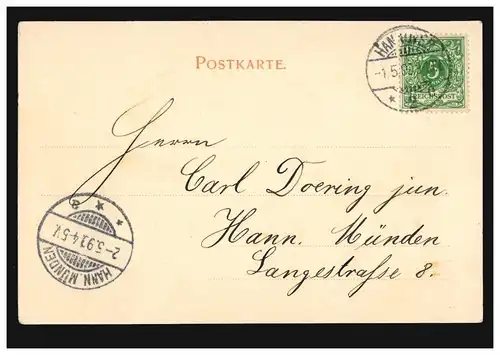 AK Gruss de Hanovre: Ernst-August-Platz, 1.5.1899 selon HAN. Münden 2.5.99