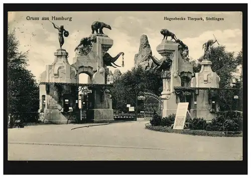 AK Gruss aus Hamburg: Hagenbecks Tierpark Stellingen, 17.7.1913 nach Friedenau