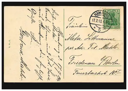 AK Gruss de Hambourg: Hagenbecks Tierpark Stellingen, 17.7.1913 vers Friedeau