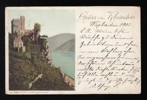 AK Gruss vom Rheinfelsen: Burgansicht, WIESBADEN 3.9.1902 nach NEU-ISENBURG 4.9.