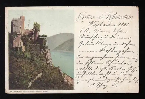 AK Gruss von Rheinfelsen: Burgansicht, WIESBADEN 3.9.1902 vers NOUVEAU-ISENBURG 4.9.