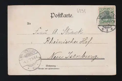 AK Gruss vom Rheinfelsen: Burgansicht, WIESBADEN 3.9.1902 nach NEU-ISENBURG 4.9.