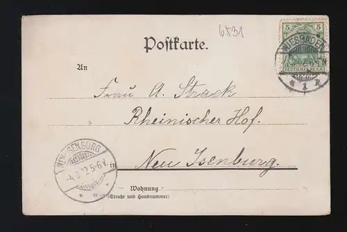 AK Gruss von Rheinfelsen: Burgansicht, WIESBADEN 3.9.1902 vers NOUVEAU-ISENBURG 4.9.