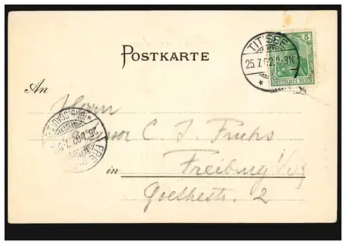 AK Gruss aus dem Schwarzwald: Titisee, 25.7.1902 nach FREIBURG/BREEISGAU 25.7.02