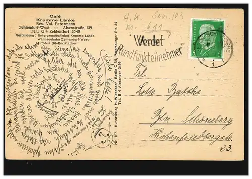 AK Gruss von der Krummen Lanke, Carte postale locale BERLIN-SCHÖNEBERG 21.5.1930