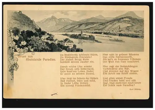 AK Gruss aus Rheinlands Paradies: Rheinpanorama Gedicht Karl Röhrig, UNKEL 1915