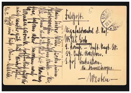 AK Gruss du Paradis de Rhénanie: Panorama du Rhin Poème Karl Röhrig, UNKEL 1915