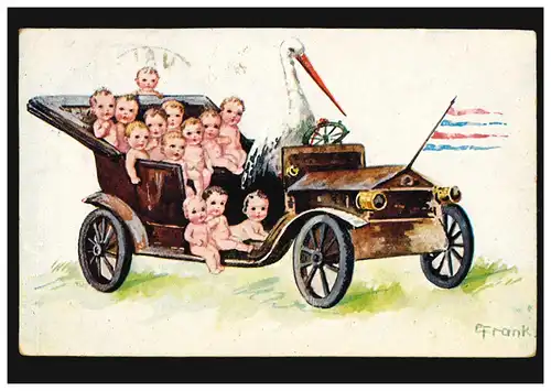Estland Künstler-AK: Storch fährt Auto und bringt Babys, VALK (EESTI) 24.12.1924