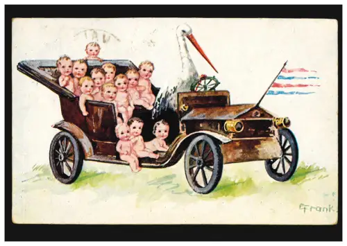 Estland Künstler-AK: Storch fährt Auto und bringt Babys, VALK (EESTI) 24.12.1924