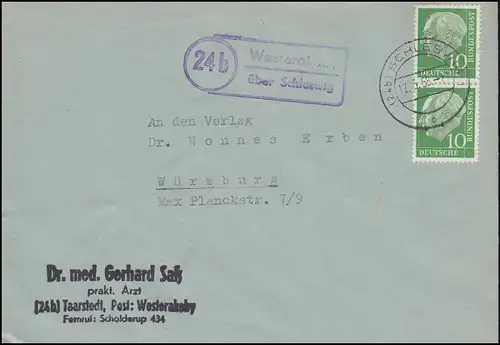 Landpost Westerakeby sur SCHLESWIG 15.5.1958 sur télex à Würzburg