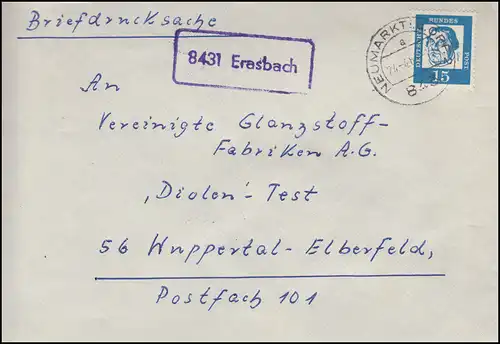 Landpost 8431 Erasbach auf Briefdrucksache NEUMARKT / OBERPFALZ 24.4.1963
