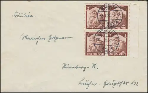 565 Saarabstimmung Rand-Viererblock MeF auf FDC MÜNCHEN 16.1.1935 nach Nürnberg