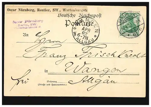 AK Berlin: Neuer Dom, BERLIN SW 61e 18.4.1902 après WANGEN dans l'ALLGÄU 19.4.02