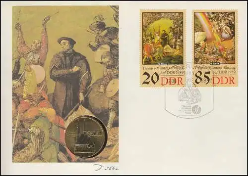 DDR-Numisbrief Thomas Müntzer 20+35 Pf. 5-Mark-Gedenkmünze Zwickau ESSt 22.8.89