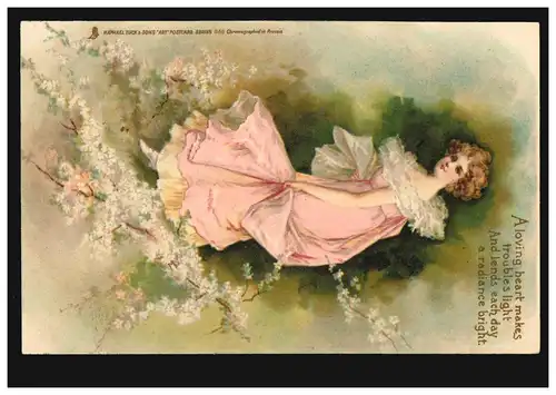 England Künstler-AK Frau im rosa Kleid, Ortspostkarte PENZANCE 14.2.1905 