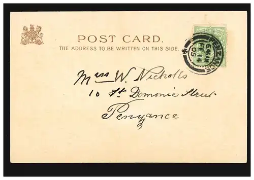 England Künstler-AK Frau im rosa Kleid, Ortspostkarte PENZANCE 14.2.1905 