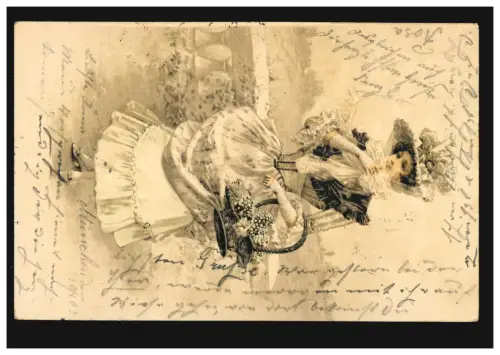 Künstler-AK Frauenmode mit Hut und Korb mit Beeren, MÜNCHEN 30.9.03 nach PASSAU