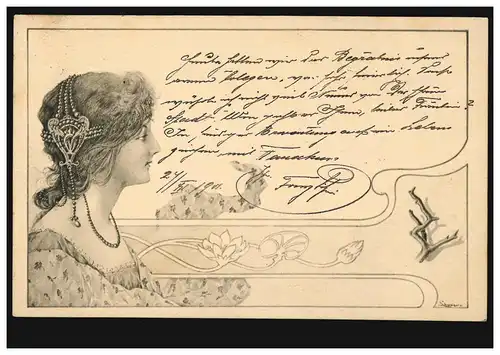 Künstler-AK Jugenstil Frau mit Kopfschmuck, gelaufen nach KOSMANOS 27.11.1901