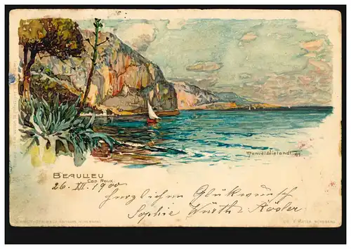Künstler-AK Manuel Wielandt Beaulleu Kap Roux, gelaufen nach STÜHLINGEN 28.12.00