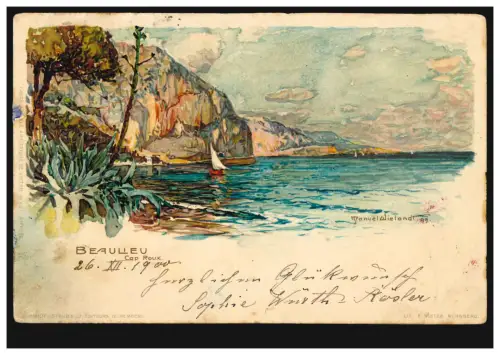 Künstler-AK Manuel Wielandt Beaulleu Kap Roux, gelaufen nach STÜHLINGEN 28.12.00