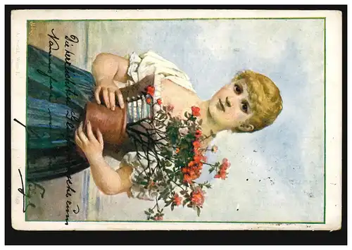 Künstler-AK J. Löwy: Mädchen mit Blumentopf, Ortspostkarte WIEN 3.10.1908