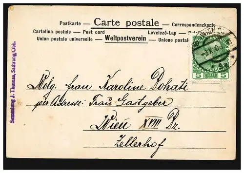 Künstler-AK J. Löwy: Mädchen mit Blumentopf, Ortspostkarte WIEN 3.10.1908
