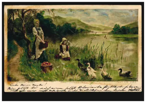 Künstler-AK Val Davis: Am Ufer mit Gänsen, Ortspostkarte HAMBURG 1 S 1.3.1904