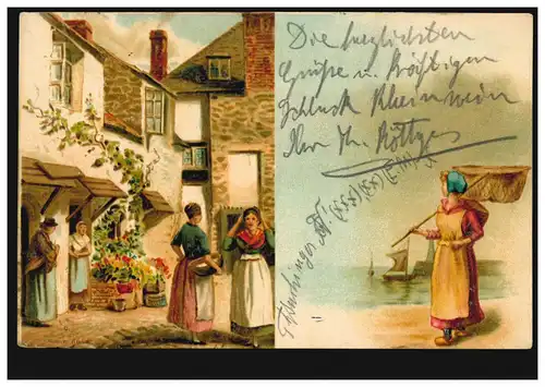 Künstler-AK Verlag E.S.D. (Löwe): Dorfszene Fischerin am Strand, DARMSTADT 1901 