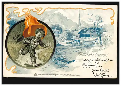 Künstler-AK Ostern: H. Schuber Weinender Junge und Glocke Landschaftsbild, 1901