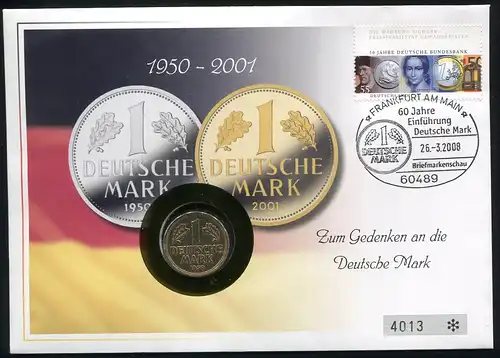 Bund Numisbrief 60 Jahre Einführung der Deutschen Mark - 1 DM vergoldet 