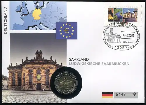Bund Numisbrief Saarland Ludwigskirche Saarbrücken - 2 Euro 2009 Prägestätte A