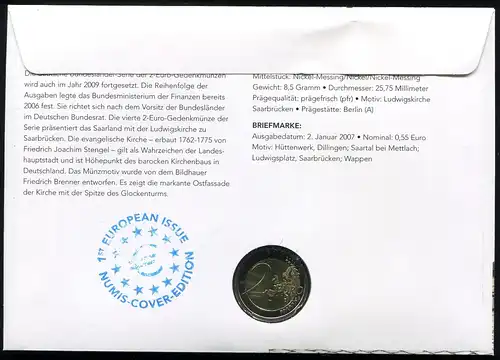 Bund Numisbrief Saarland Ludwigskirche Saarbrücken - 2 Euro 2009 Prägestätte A