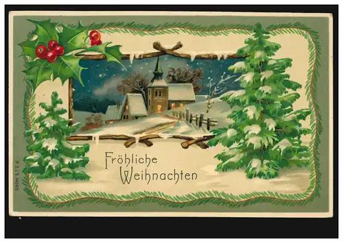 Prägekarte Weihnachten Winterlandschaft mit Kirche, Tannen M.GLADBACH 24.12.09