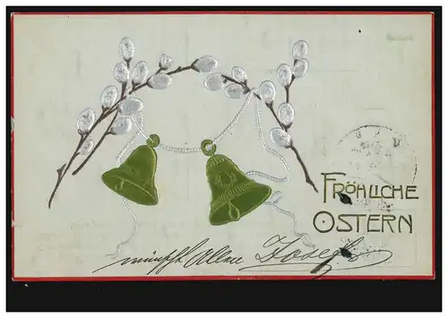 Prägekarte Ostern Weidenkätzchen in silber, Glocken, DÜSSELDORF 14.4.1906