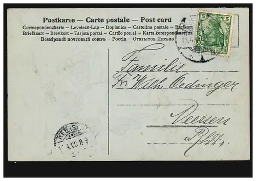 Carte de Pâques Cutto de prairie en argent, cloches, DÜSSELDORF 14.4.1906