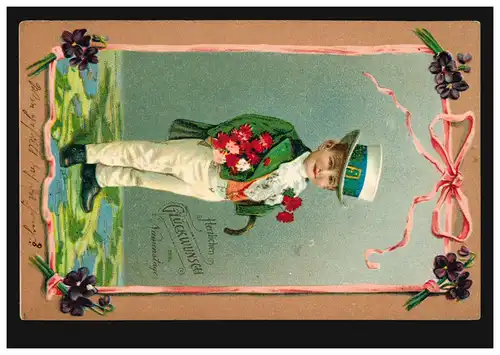 Carte de prénom garçon en costume avec bonnet et fleurs, M.GLADBACH 16.3.1910