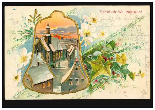 Prägekarte Weihnachten Glocke Stadtansicht, DÜSSELDORF-DERENDORF 24.12.1901