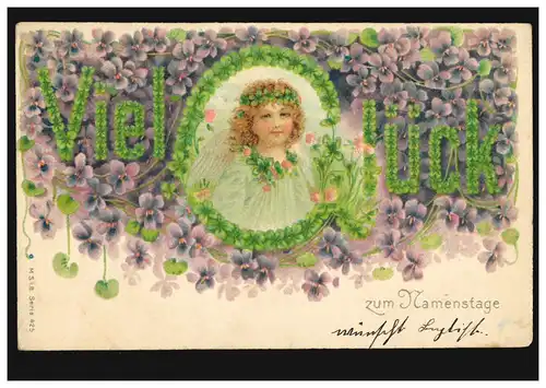 Prägekarte Namenstag Engel mit Glücksklee-Girlande, um 1910, ungebraucht